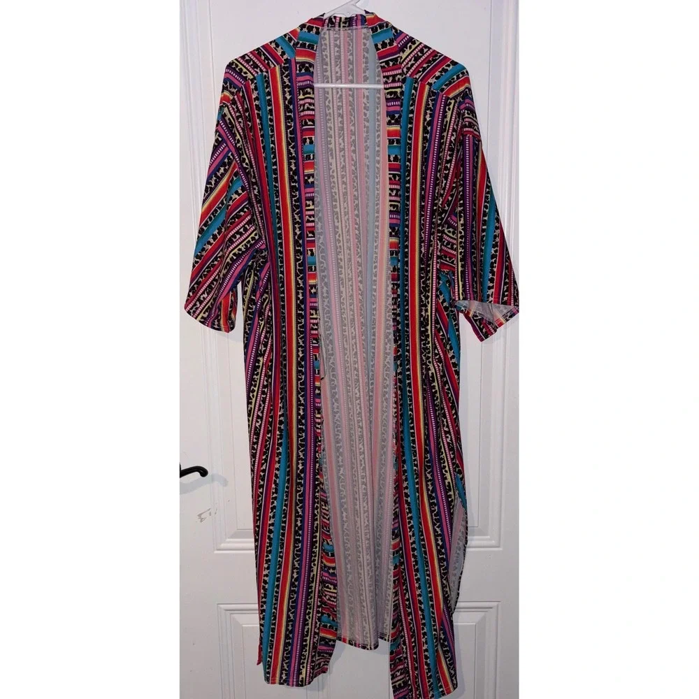 Vibrant Southwest Aztec Print Long Kimono Duster Cardigan Boho Tribal SZ UNKNOWN - Picture 1 of 12
